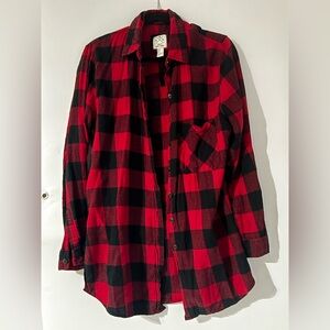 Aritzia Buffalo Plaid Flannel Tunic Shirt – Red Black Soft Cotton – Size L